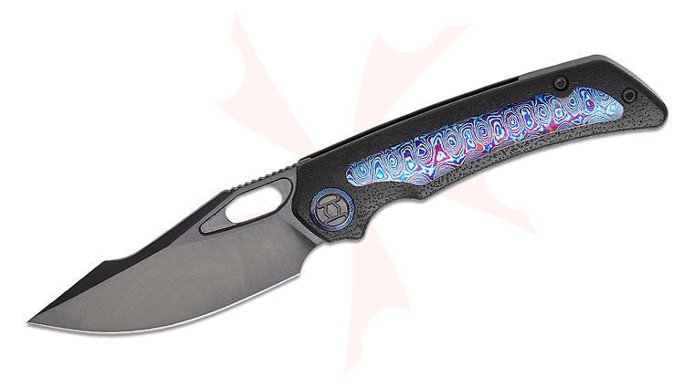 Kunwu Knives Jericho Frame Lock Folding Knife 3.5 inch Vanax Black DLC Harpoon Blade, Black PVD Raindrop Textured Titanium Handles with Timascus Inlay and Pivot Collars