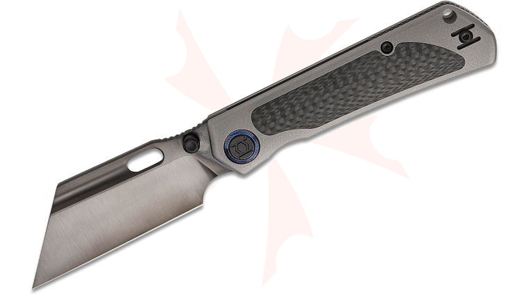 Kunwu Knives Cochise Frame Lock Folding Knife 3.46 inch Vancron Black DLC Wharncliffe Blade, Gray Orange Peel Titanium Handles with Carbon Fiber Inlays