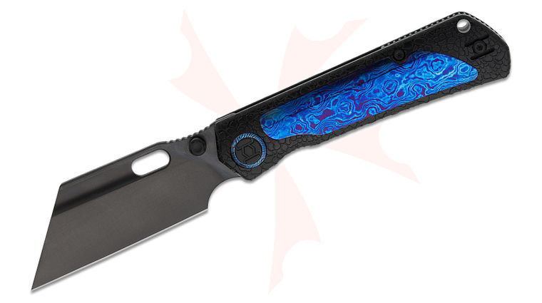 Kunwu Knives Cochise Frame Lock Folding Knife 3.46 inch Vancron Black DLC Wharncliffe Blade, Black PVD Honey Dew Textured Titanium Handles with Timascus Inlay