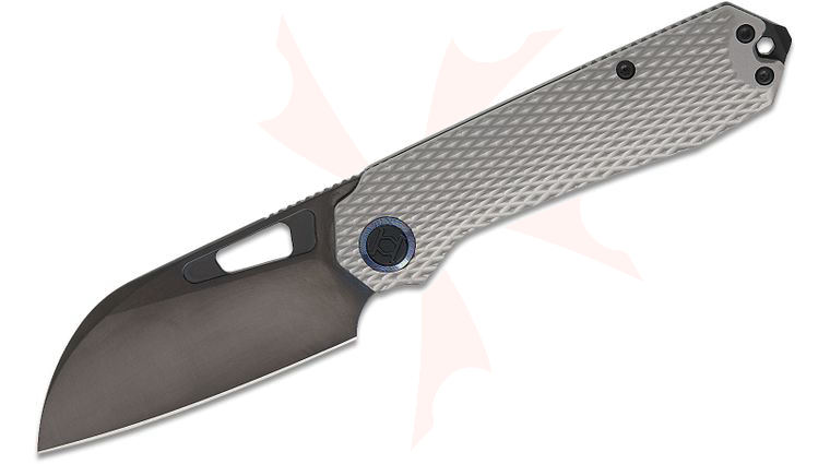 Kunwu Knives Diablo Frame Lock Front Flipper Knife 3.5 inch Vanax Black DLC Sheepsfoot Blade, Bead Blasted Diamond Textured Titanium Handles, Timascus Pivot Collars