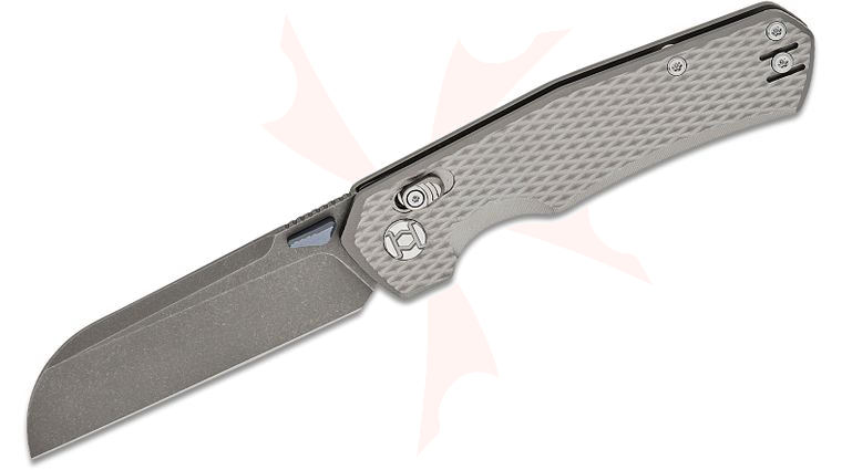 Kunwu Knives CHAD Crossbar Lock Folding Knife 3.5 inch PM60 Dark Stonewashed Sheepsfoot Blade, Gray Diamond Textured Titanium Handles