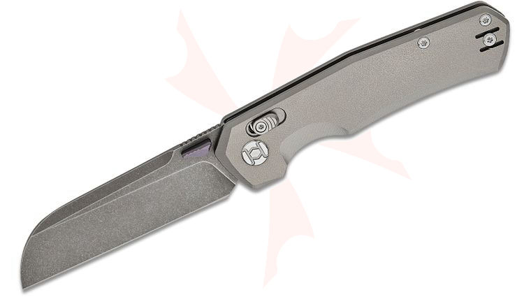 Kunwu Knives CHAD Crossbar Lock Folding Knife 3.5 inch PM60 Dark Stonewashed Sheepsfoot Blade, Gray Orange Peel Titanium Handles