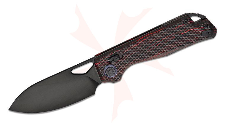 Kunwu Knives Pulsar XL Crossbar Lock Folding Knife 3.87 inch Elmax Black DLC Drop Point Blade, Black/Red Diamond Textured G-Mascus Handles, Timascus Pivot Collar