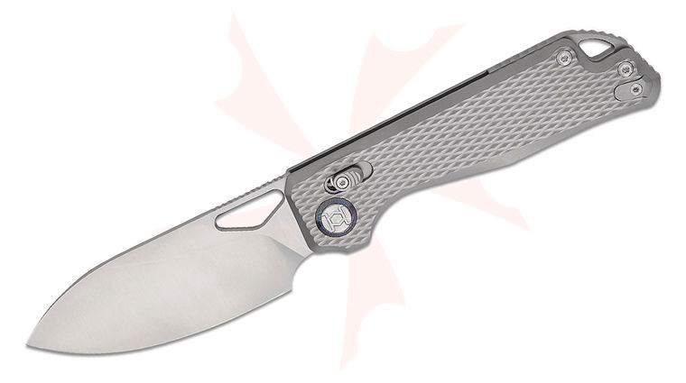 Kunwu Knives Pulsar XL Crossbar Lock Folding Knife 3.87 inch Elmax Satin Drop Point Blade, Gray Diamond Textured Titanium Handles, Timascus Pivot Collar