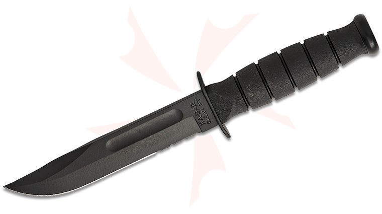 KA-BAR 1257 Short Fighting Knife Fixed Blade 5.25 inch 1095 Black Combo Clip Point Blade, Black Kraton G Handle, Black Leather Sheath