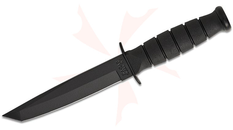 KA-BAR 1254 Short Tanto Fighting Knife Fixed Blade 5.25 inch 1095 Black Tanto Plain Blade, Black Kraton G Handle, Leather Sheath