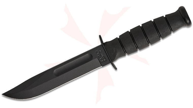 KA-BAR 1256 Short Fighting Knife Fixed Blade 5.25 inch 1095 Black Plain Clip Point Blade, Black Kraton G Handle, Black Leather Sheath