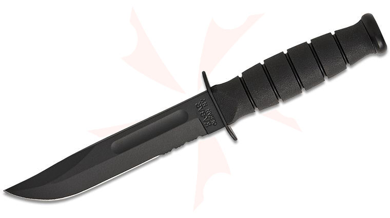 KA-BAR 1259 Short Fighting Knife Fixed Blade 5.25 inch 1095 Black Combo Clip Point Blade, Black Kraton G Handle, Kydex Sheath
