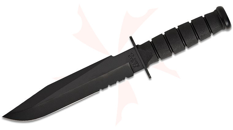 KA-BAR 1271 Fighter Knife Fixed Blade 8 inch 1095 Black Combo Drop Point Blade, Black Kraton G Handle, Leather / Cordura Sheath