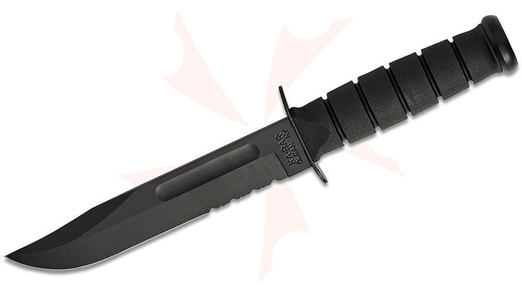 KA-BAR 1212 Full Size Fighting Knife 7 inch 1095 Black Combo Clip Point Blade, Kraton G Handle, Leather Sheath