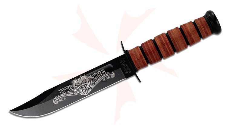 KA-BAR 1320USA 250th USA Commemorative Fighting/Utility Knife 7 inch 1095 Cro-Van Engraved Black Clip Point Blade, Leather Handles, Leather Sheath