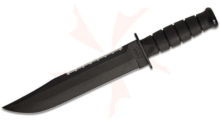 KA-BAR 2211 Big Brother Fighting / Utility Knife 9-5/16 inch Double Edge Plain and Serrated Blade, Black Kraton G Handles, Black Leather Sheath