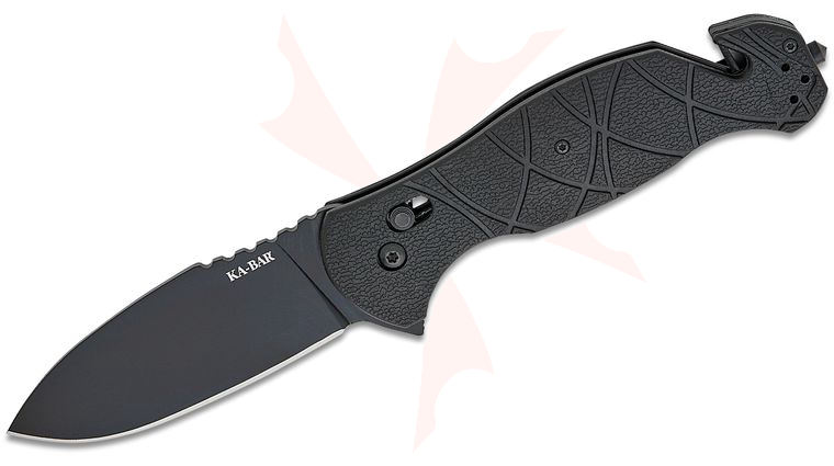 KA-BAR 3085 Coytu Folding Knife 3.5 inch AUS-8 Black Drop Point Blade, Black GFN Handles with Seat Belt Cutter