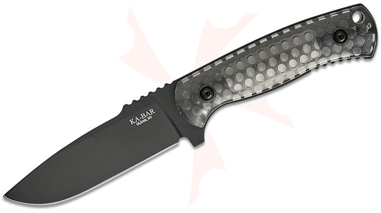 KA-BAR Les George Cool Name Fixed Blade 4.25 inch 1095 Cro-Van Black Drop Point Blade, Transparent Honeycomb Smoke Polycarbonate Handles, Celcon Sheath