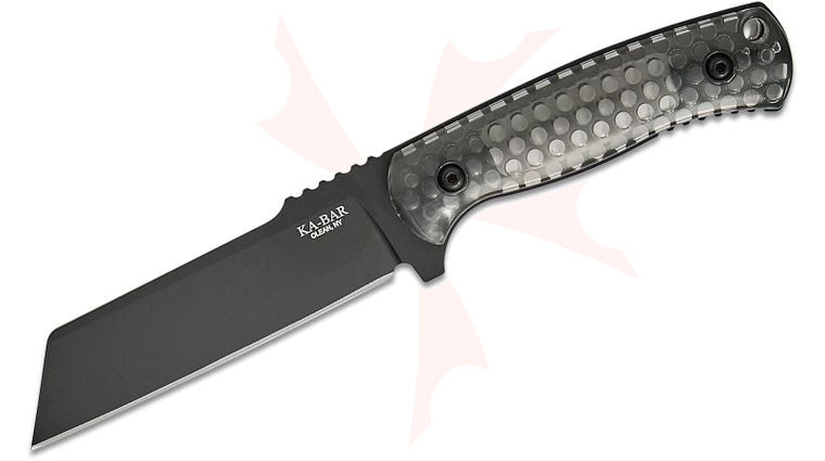 KA-BAR Les George Cool Name Fixed Blade 4.625 inch 1095 Cro-Van Black Sheepsfoot Blade, Transparent Honeycomb Smoke Polycarbonate Handles, Celcon Sheath