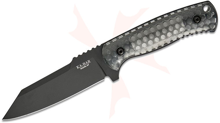 KA-BAR Les George Cool Name Fixed Blade 4.625 inch 1095 Cro-Van Black Reverse Tanto Blade, Transparent Honeycomb Smoke Polycarbonate Handles, Celcon Sheath