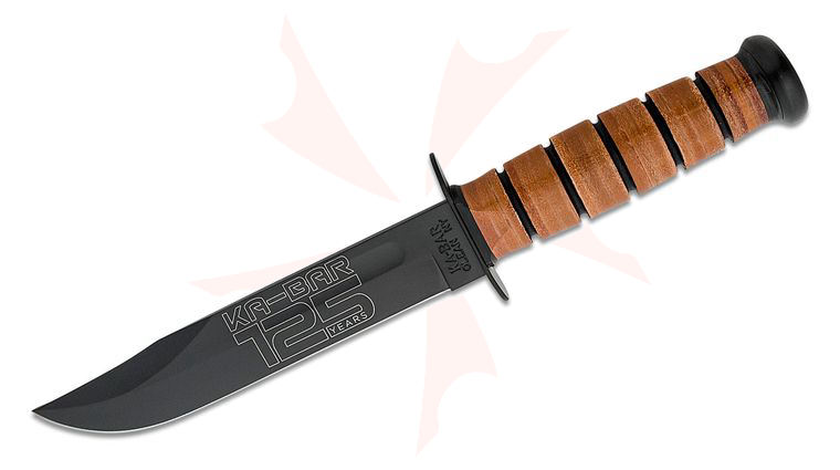 KA-BAR 9225 Commemorative Fighting Knife 125th Anniversary US Army 7 inch 1095 Black Clip Point Blade, Leather Handles, Leather Sheath