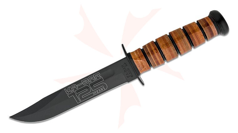 KA-BAR 9226 Commemorative Fighting Knife 125th Anniversary USMC 7 inch 1095 Black Clip Point Blade, Leather Handles, Leather Sheath