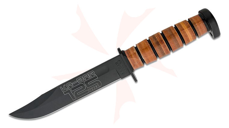 KA-BAR 9228 Commemorative Fighting Knife 125th Anniversary Dog's Head 7 inch 1095 Black Clip Point Blade, Leather Handles, Leather Sheath