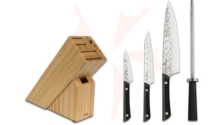 KAI PRO 5 Piece Slimline Block Set, Hammered Finish Blade, Black POM Handles