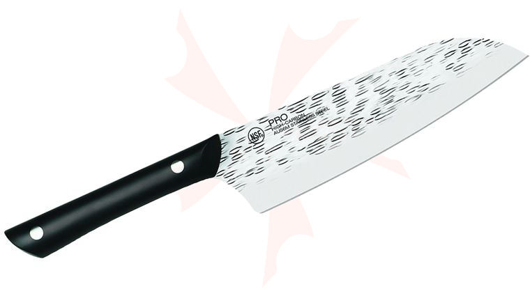 KAI PRO 7 inch Santoku Knife Hammered Finish Blade, Black POM Handles