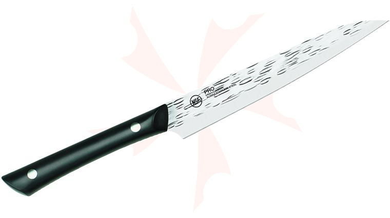 KAI PRO 6 inch Utility Knife Hammered Finish Blade, Black POM Handles