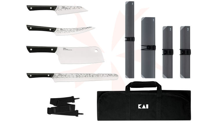 KAI PRO 5 Piece BBQ Set with Knife Roll, Hammered Finish Blade, Black POM Handles