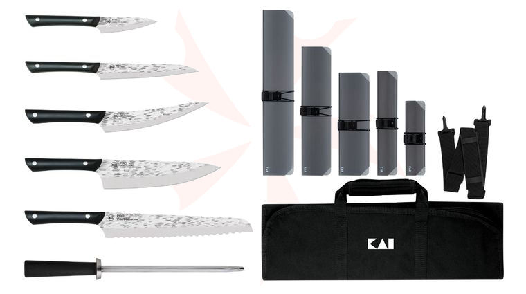 KAI PRO 7 Piece Culinary Set with Knife Roll, Hammered Finish Blade, Black POM Handles