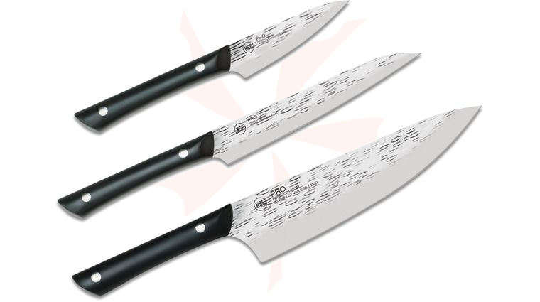 KAI PRO 3 Piece Set, Hammered Finish Blade, Black POM Handles