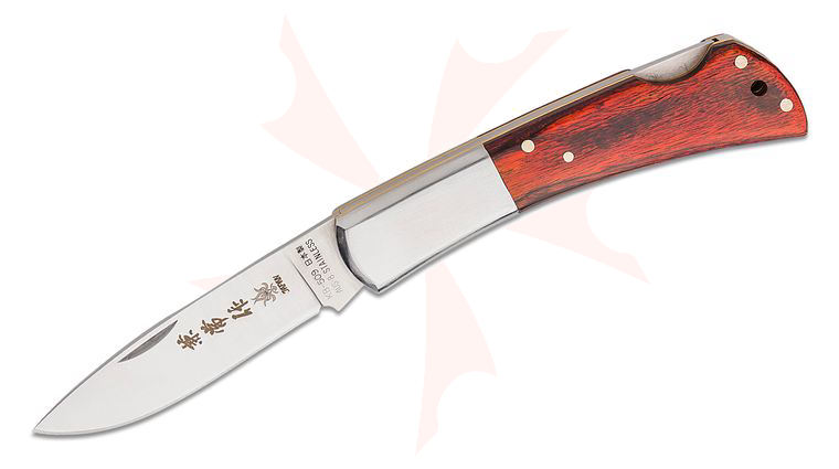 Kanetsune Kaico-Tou Folding Knife 3 inch Satin Drop Point Blade, Red Stained Wood Handles with Stainless Steel Bolsters