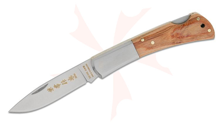 Kanetsune Kaico-Tou Lockback Folding Knife 3 inch Satin Drop Point Blade, White/Brown Stained Wood Handles with Stainless Steel Bolsters