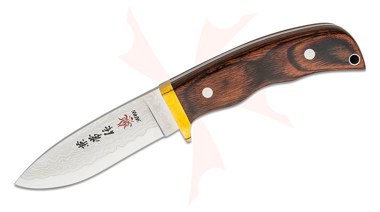Kanetsune Subaru Fixed Blade Knife 3.9 inch Damascus Drop Point Blade, Polished Mahogany Handles with Brass Bolsters, Leather Sheath
