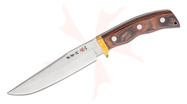 Kanetsune Subaru-180 Fixed Blade Knife 7 inch Damascus Clip Point Blade, Polished Mahogany Handles with Brass Bolsters, Leather Sheath