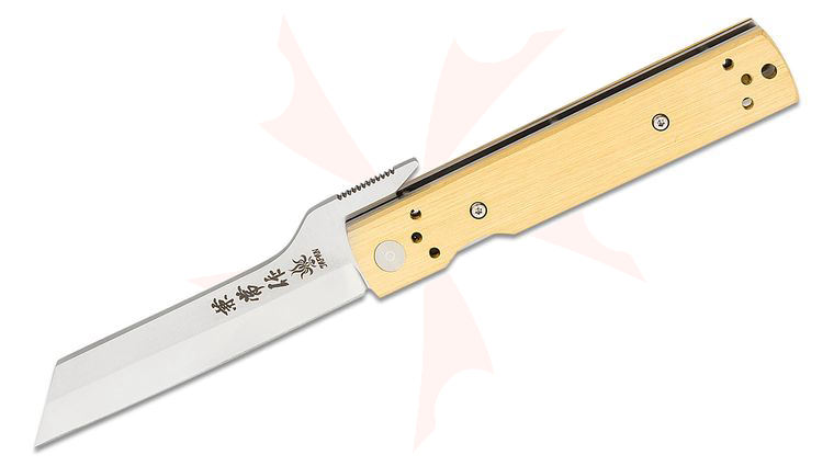 Kanetsune Tanzaku-Tou Folding Knife 2.83 inch Satin Reverse Tanto Blade, Brass Handles