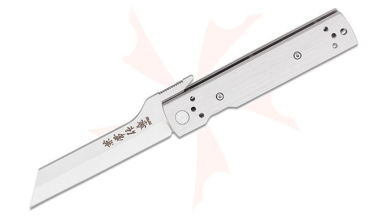 Kanetsune Tanzaku-Tou Higonokami Folding Knife 2.83 inch Satin Reverse Tanto Blade, Brushed Stainless Steel Handles