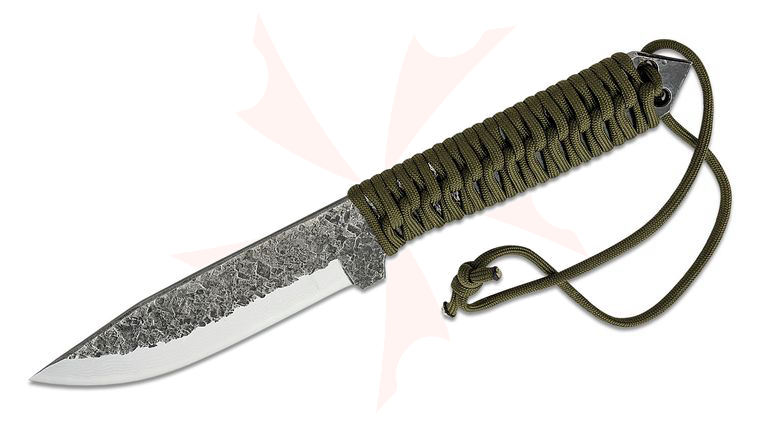 Kanetsune Karasu Fixed Blade Knife 4.92 inch Damascus Drop Point, OD Green Paracord Handle, Nylon Sheath