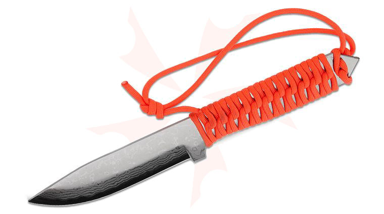 Kanetsune Shrio-Karasu Fixed Blade Knife 4.92 inch Damascus Drop Point Blade, Orange Paracord Handle, Black Leather Sheath