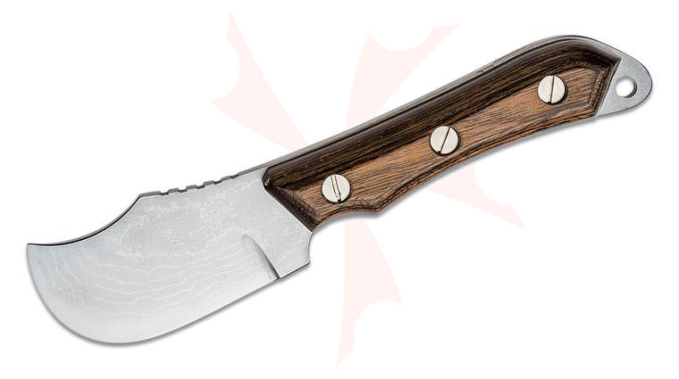 Kanetsune Seseragi Fixed Blade Knife 2.6 inch Damascus Skinner, Brown Wood Handle, Leather Sheath