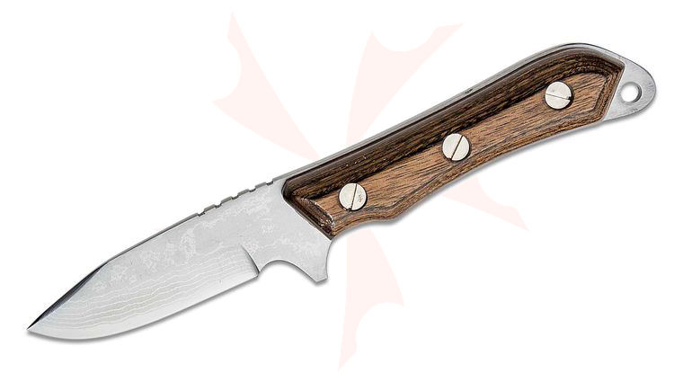 Kanetsune Seseragi Fixed Blade Knife 2.8 inch Damascus Drop Point, Brown Wood Handle, Leather Sheath