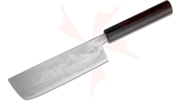 Kanetsune Nakiri Kitchen Knife 6.5 inch Zen-Bokashi Damascus Blade, Red Sandalwood Handle w/ Black Plywood Bolsters