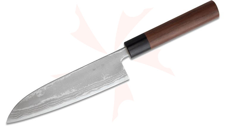 Kanetsune Santoku Kitchen Knife 6.5 inch Zen-Bokashi Damascus Blade, Red Sandalwood Handle w/ Black Plywood Boslters