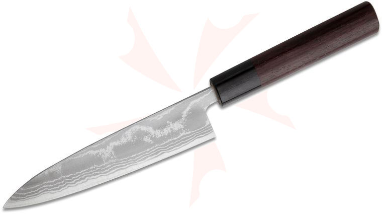 Kanetsune Petty Kitchen Knife 5.31 inch Zen-Bokashi Damascus Blade, Red Sandalwood Handle w/ Black Plywood Bolsters