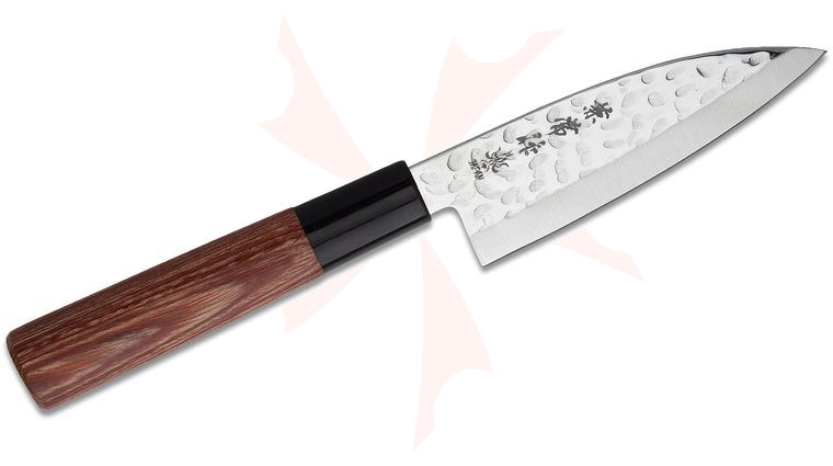 Kanetsune Ko-Deba Kitchen Knife 4.33 inch DSR-1K6  inchTsuchime inch Hammered Blade, Plywood Handle, Black Plastic Bolster