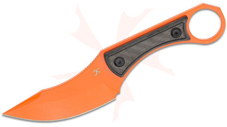 Kansept Knives Marco Panella Niko Fixed Blade Knife 3.54 inch D2 Orange Coated Clip Point Blade, Twill Carbon Fiber Handles, Kydex Sheath
