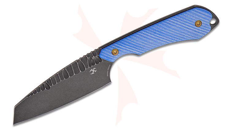 Kansept Knives Greg Schob Valk Pocket Fixed Blade Knife 3 inch Nitro-V Black Stonewashed Reverse Tanto Rock Pattern Blade, Dark Blue G10 Handles, Kydex Sheath