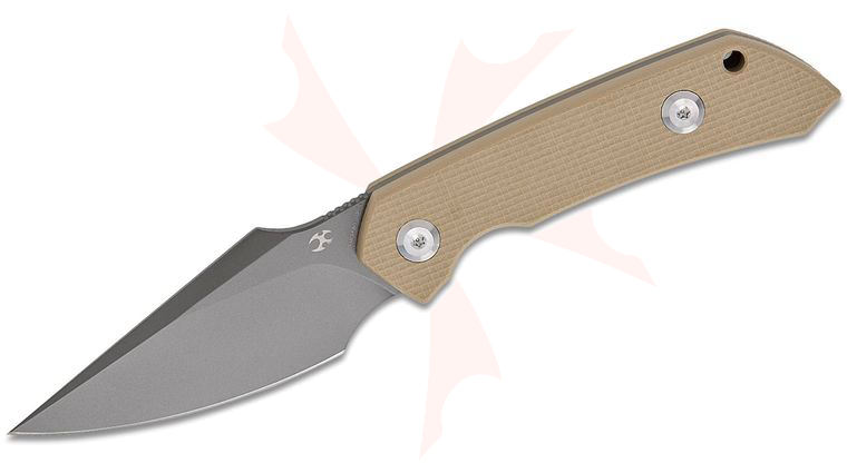 Kansept Knives Fenrir Fixed Blade Knife 2.87 inch D2 Gray TiNi Harpoon Blade, Light Sand G10 Handles