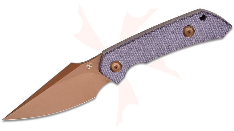 Kansept Knives Fenrir Fixed Blade Knife 2.87 inch D2 Rose Gold Harpoon Blade, Purple Micarta Handles