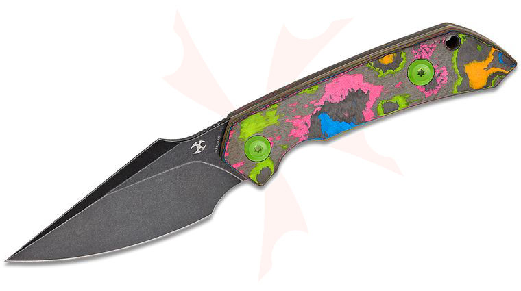 Kansept Knives Fenrir Fixed Blade Knife 2.87 inch D2 Black Stonewashed Harpoon Blade, 80s CamoCarbon Handles