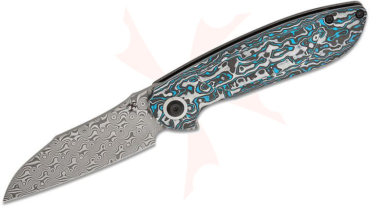 Kansept Knives Prometheus Frame Lock Flipper Knife 3.29 inch Damascus Sheepsfoot Blade, Frost FatCarbon and Black Titanium Handles