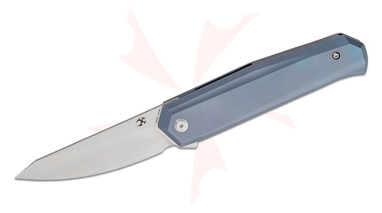 Kansept Knives Integra Flipper Knife 3.63 inch M390 Stonewashed Drop Point Blade, Blue Titanium Handles